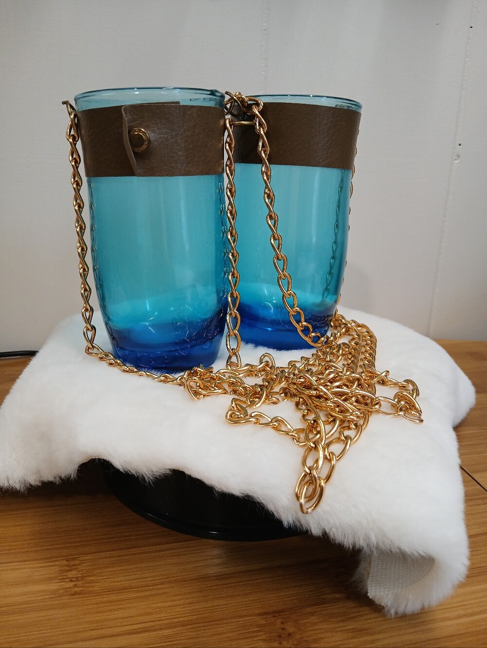 VTG Pair "Swingers" Peacock Blue Novelty Barware/Drinking Glasses On Chain